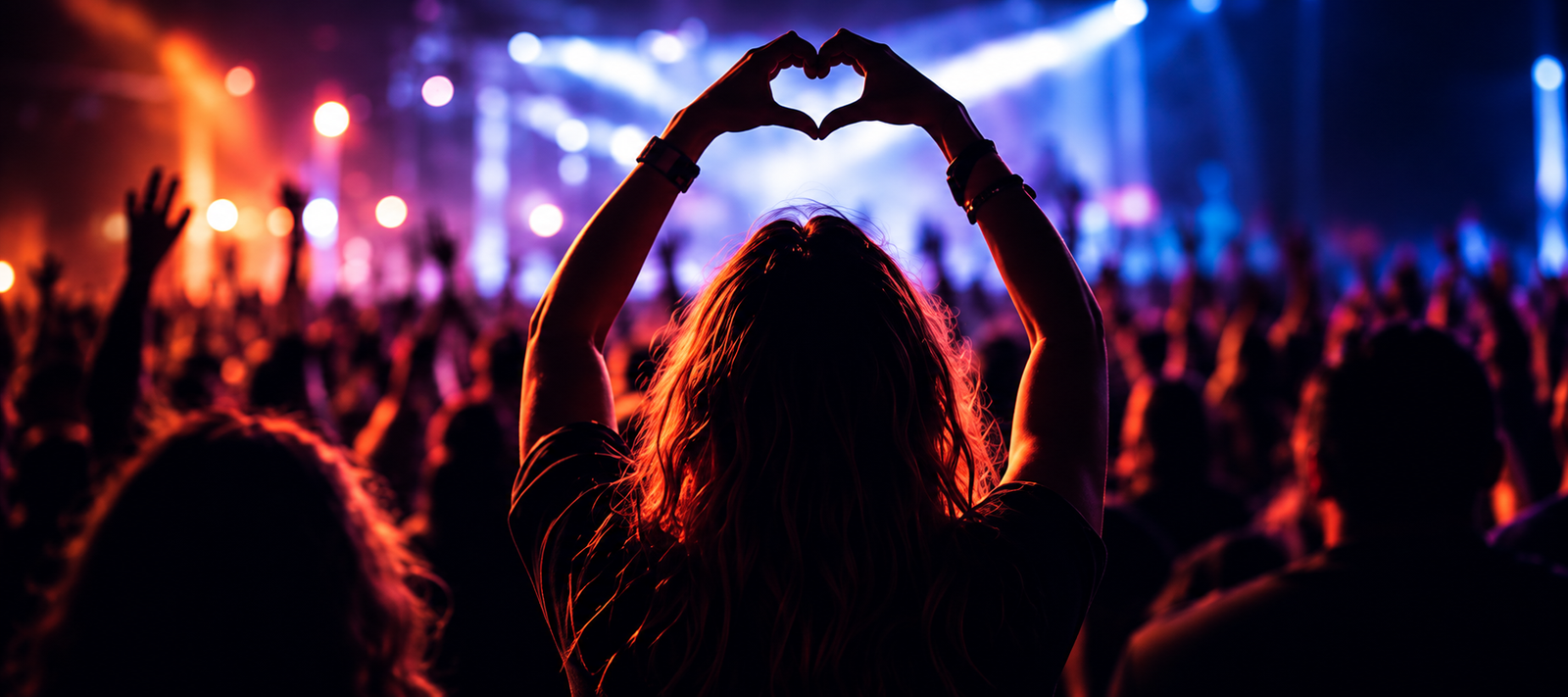 Público em show, pessoa formando um coração com as mãos
